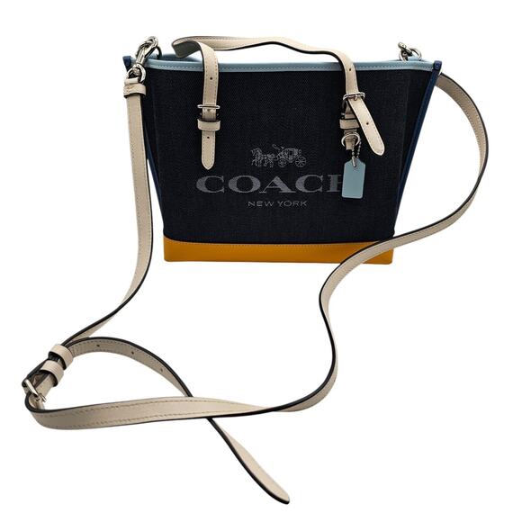 Coach outlet C4085 Mollie Tote Crossbody 2 way Bag Silver Denim Ochre